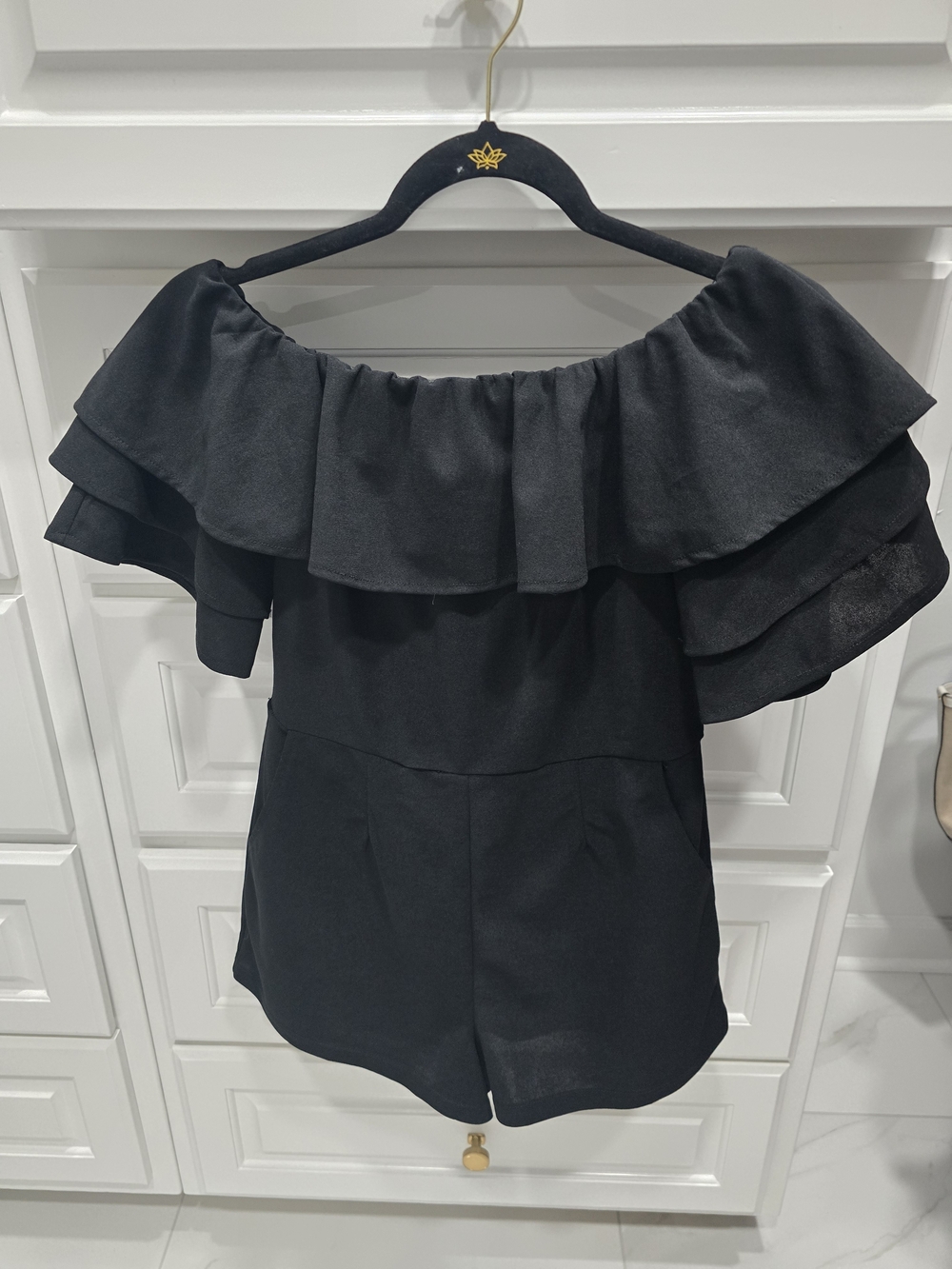 She + Sky Black Off-Shoulder Ruffle Romper
